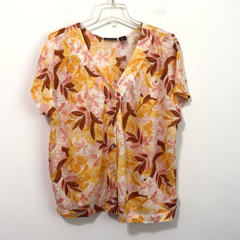 Tahari 100% Linen Top Button Up Size L Short Sleeve Tropical Floral V Neck Shirt